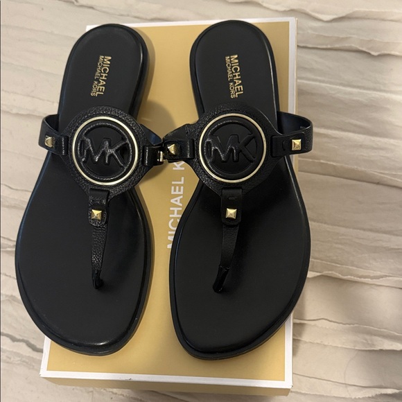 Women’s MK Black Leather Sandals - Picture 1 of 8